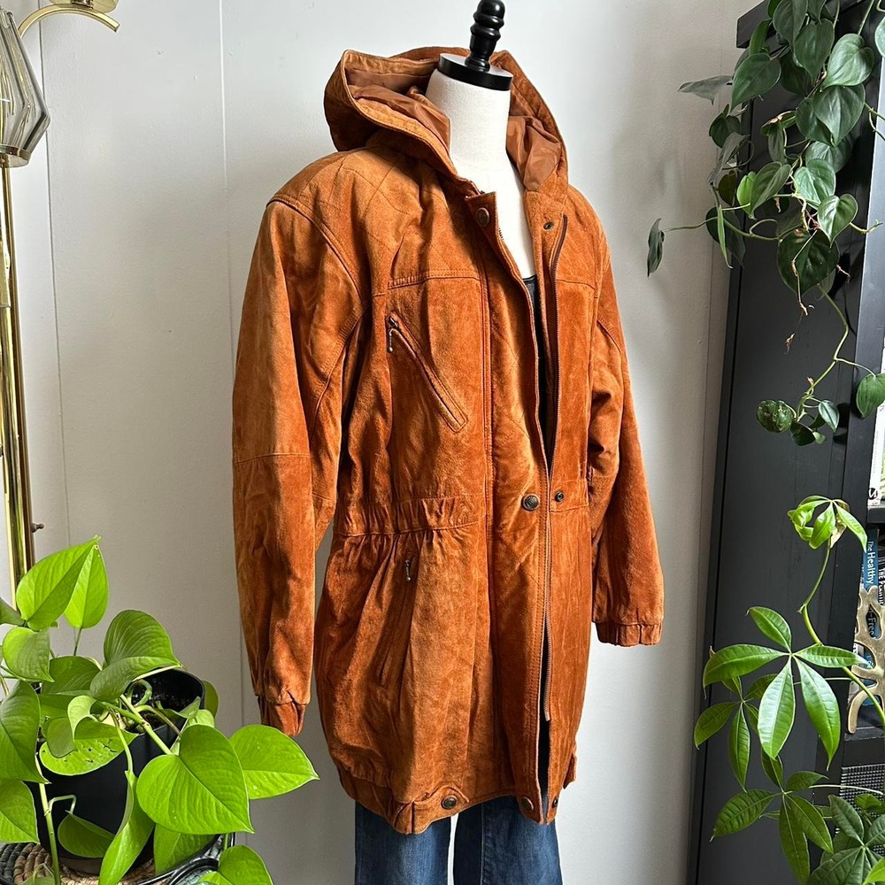 Gitano Womens Large Tangerine Brown Suede Leather Hooded 80s Retro Jacket Midi